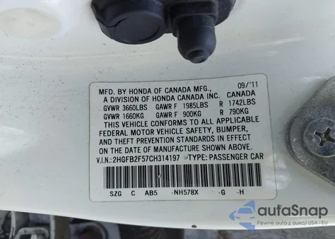 2012 Honda Civic Sdn Lx z USA, uszkodzony, nr VIN 2HGFB2F57CH314197